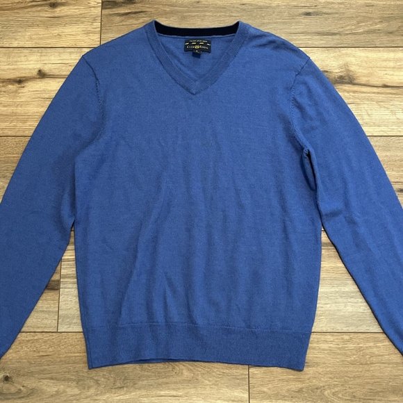 Men's Club Room Sweater SZ Small Merino Wool Blend V Neck Pullover Blue - Picture 2 of 9
